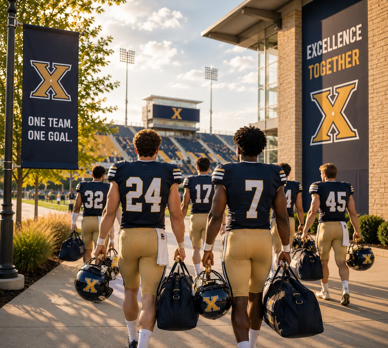 College football players in uniform walking to their team coach