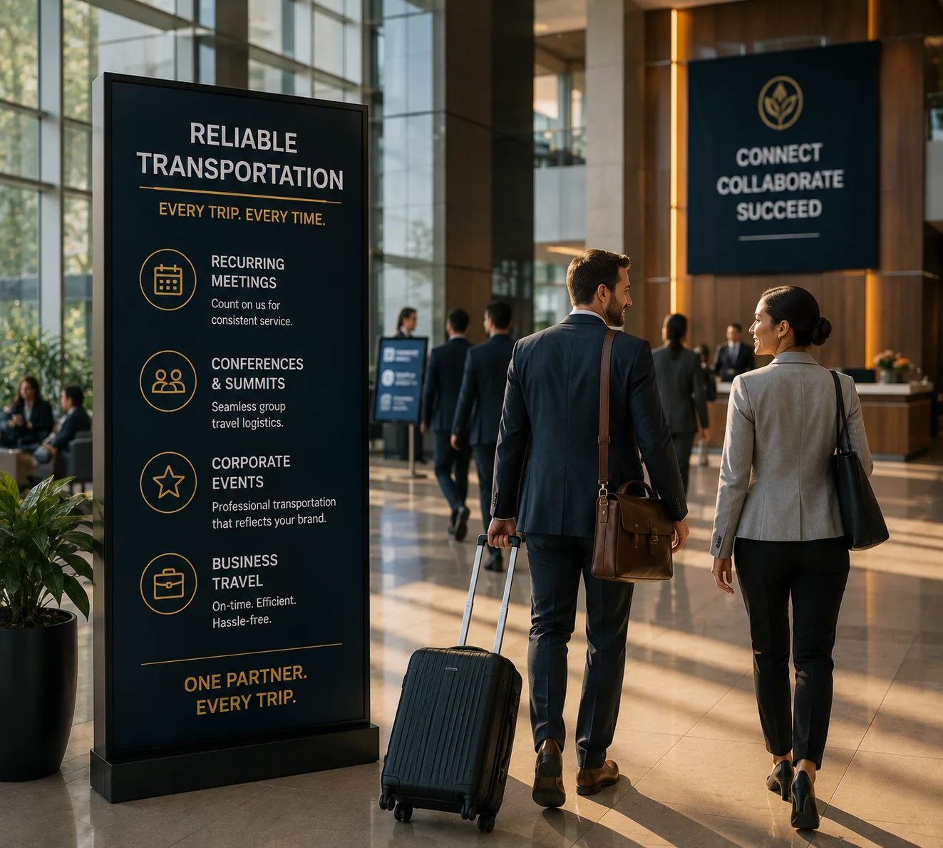 Business travelers with luggage arriving at a conference entrance