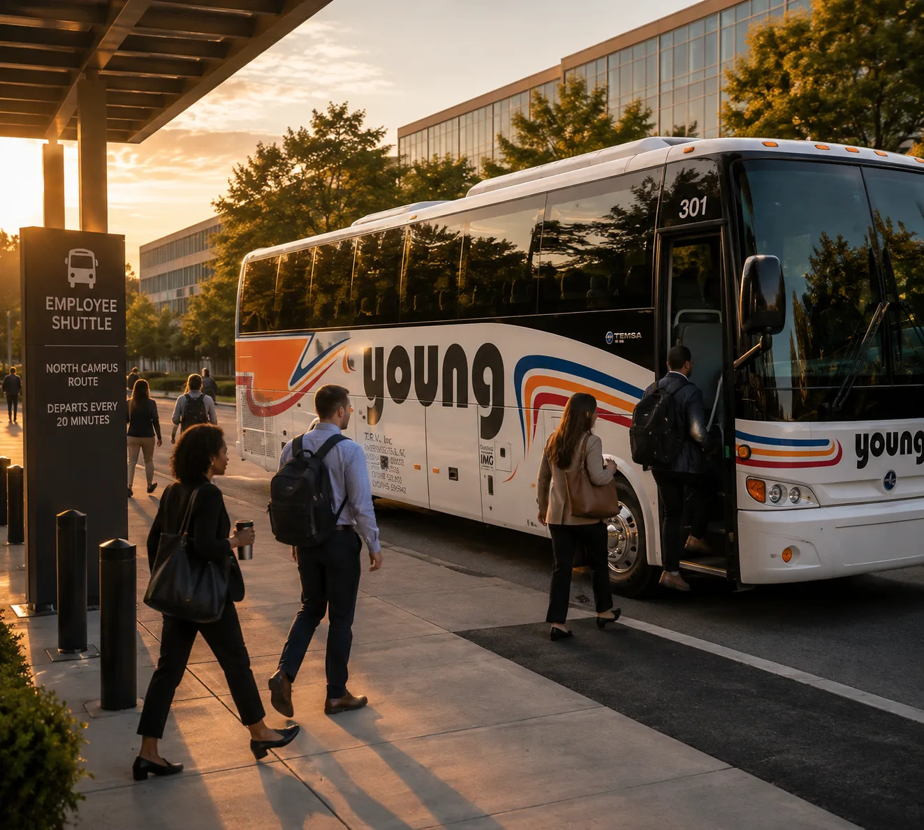 Employees boarding a Young Transportation motorcoach at a corporate campus employee shuttle stop