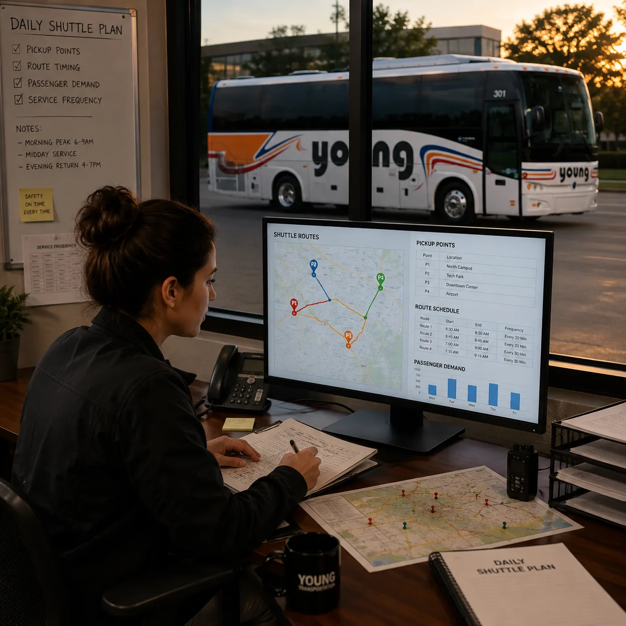 Young Transportation coordinator reviewing shuttle routes and pickup points at a dispatch desk with a branded motorcoach outside