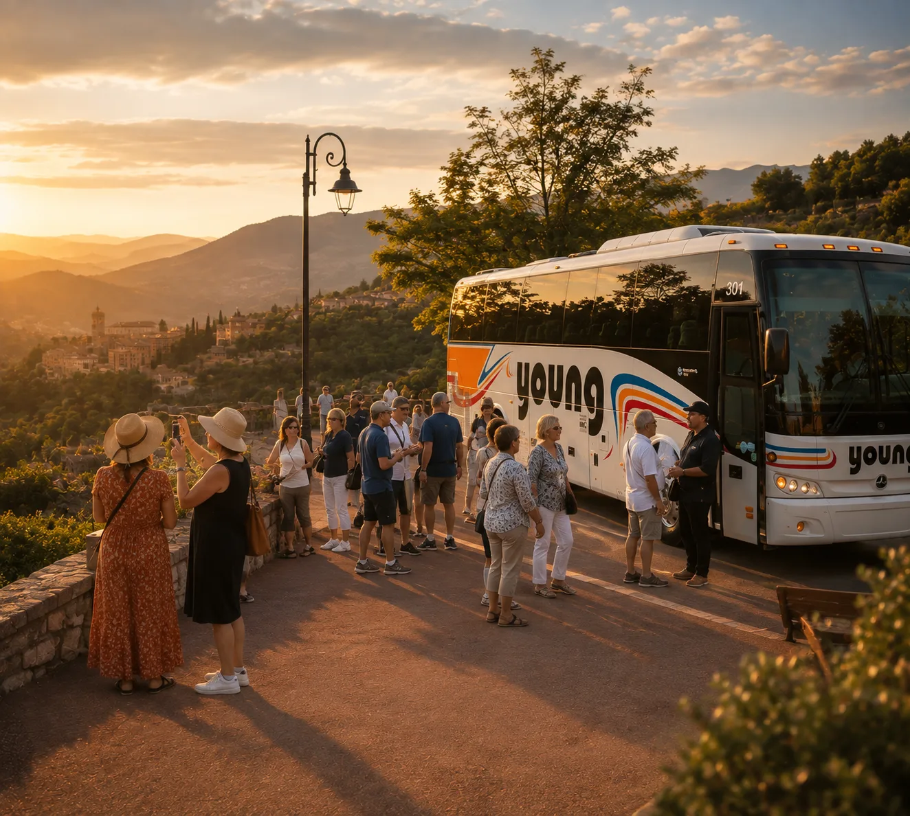 Young Transportation tour group gathered at a scenic hilltop overlook at sunset beside a branded motorcoach