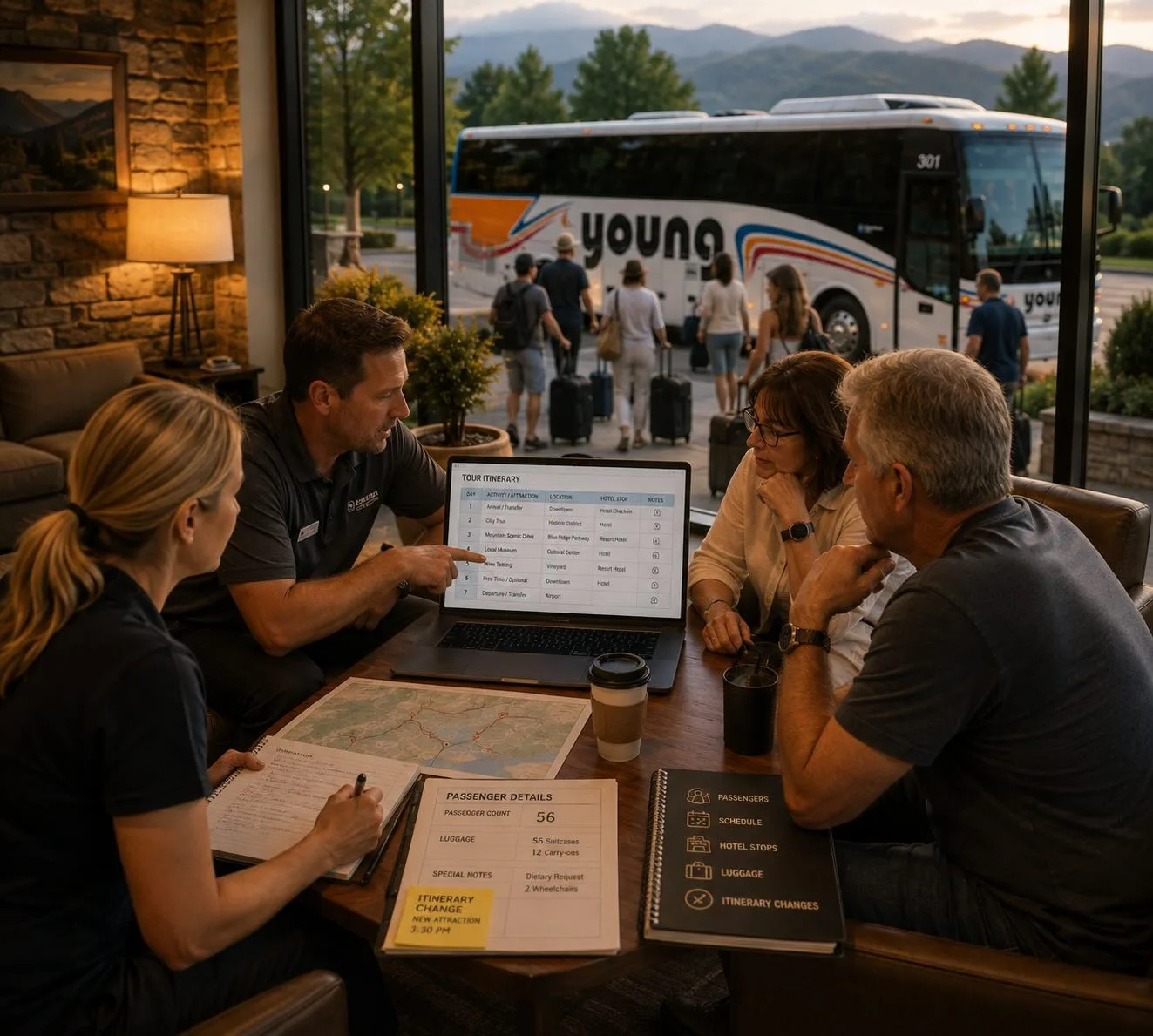 Young Transportation staff reviewing a tour itinerary with clients, a branded motorcoach visible outside