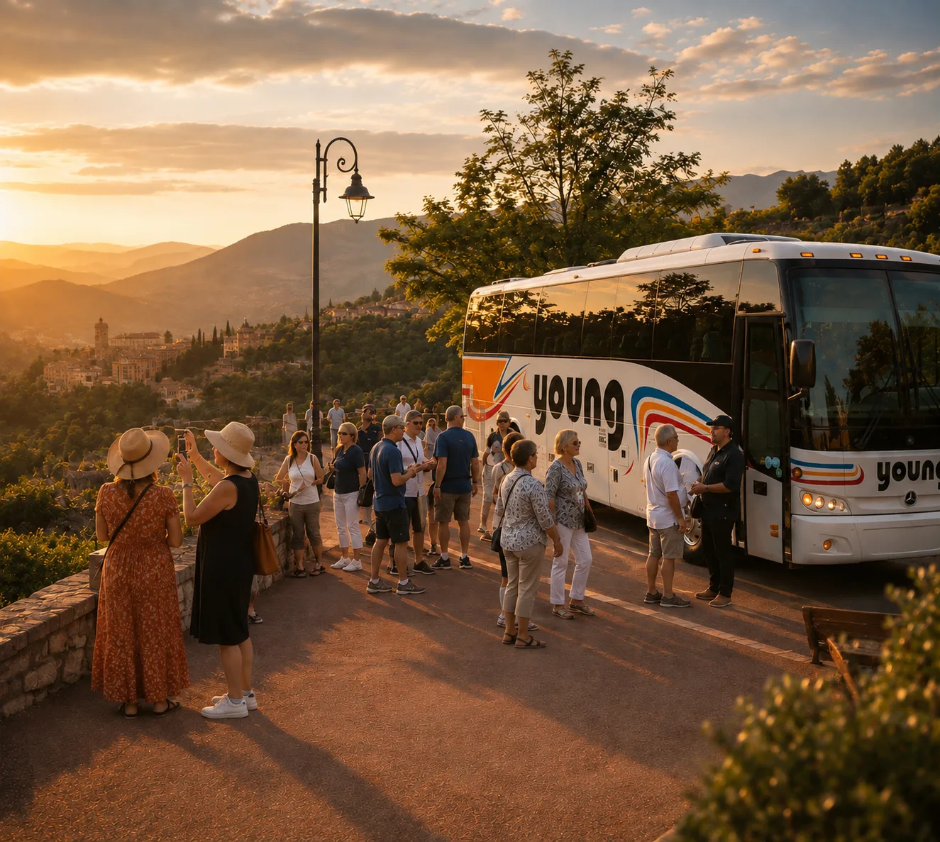 Tour group gathered beside a Young Transportation motorcoach at a scenic hillside overlook during sunset