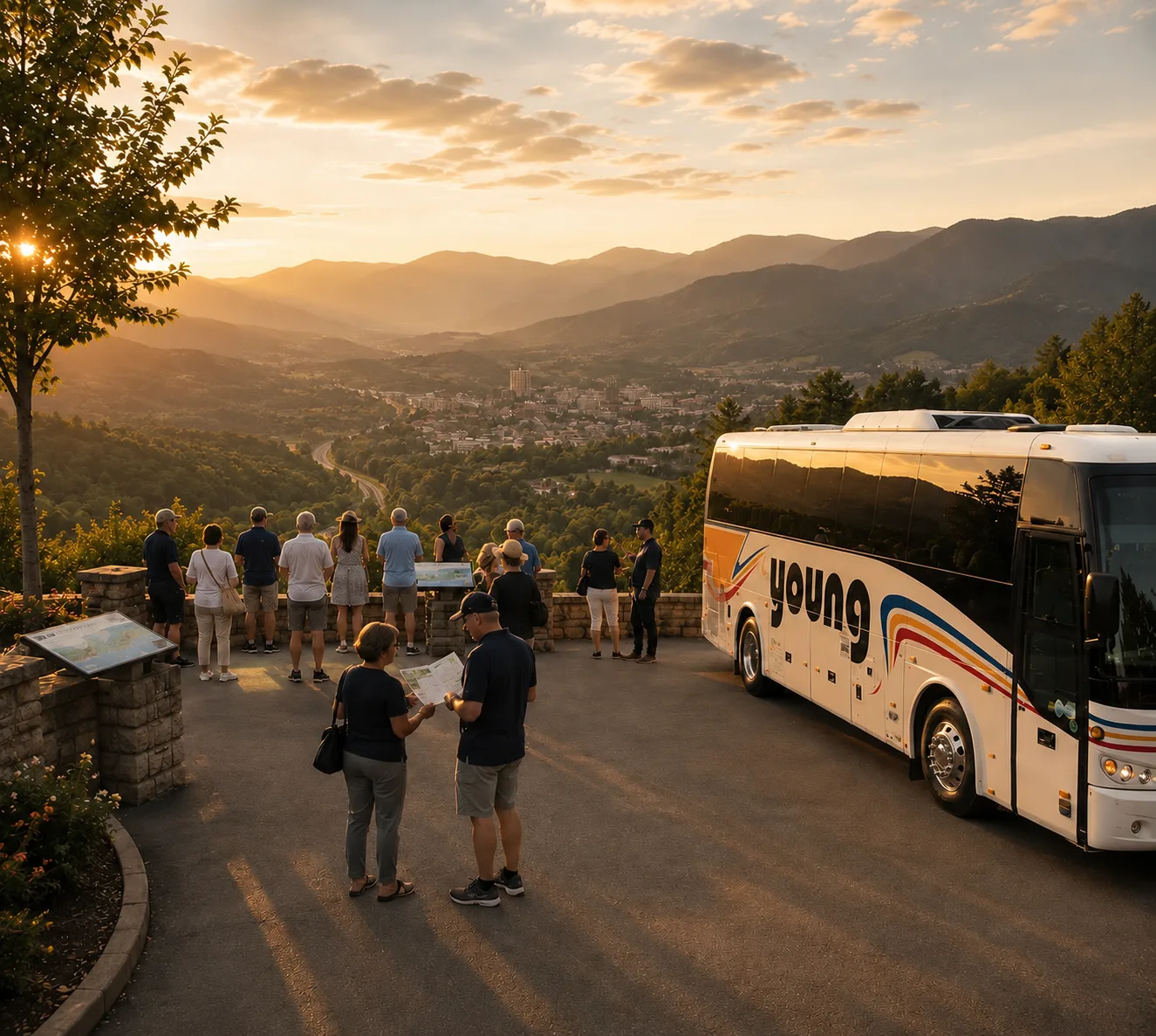 Tour group at a mountain overlook at sunset beside a Young Transportation motorcoach