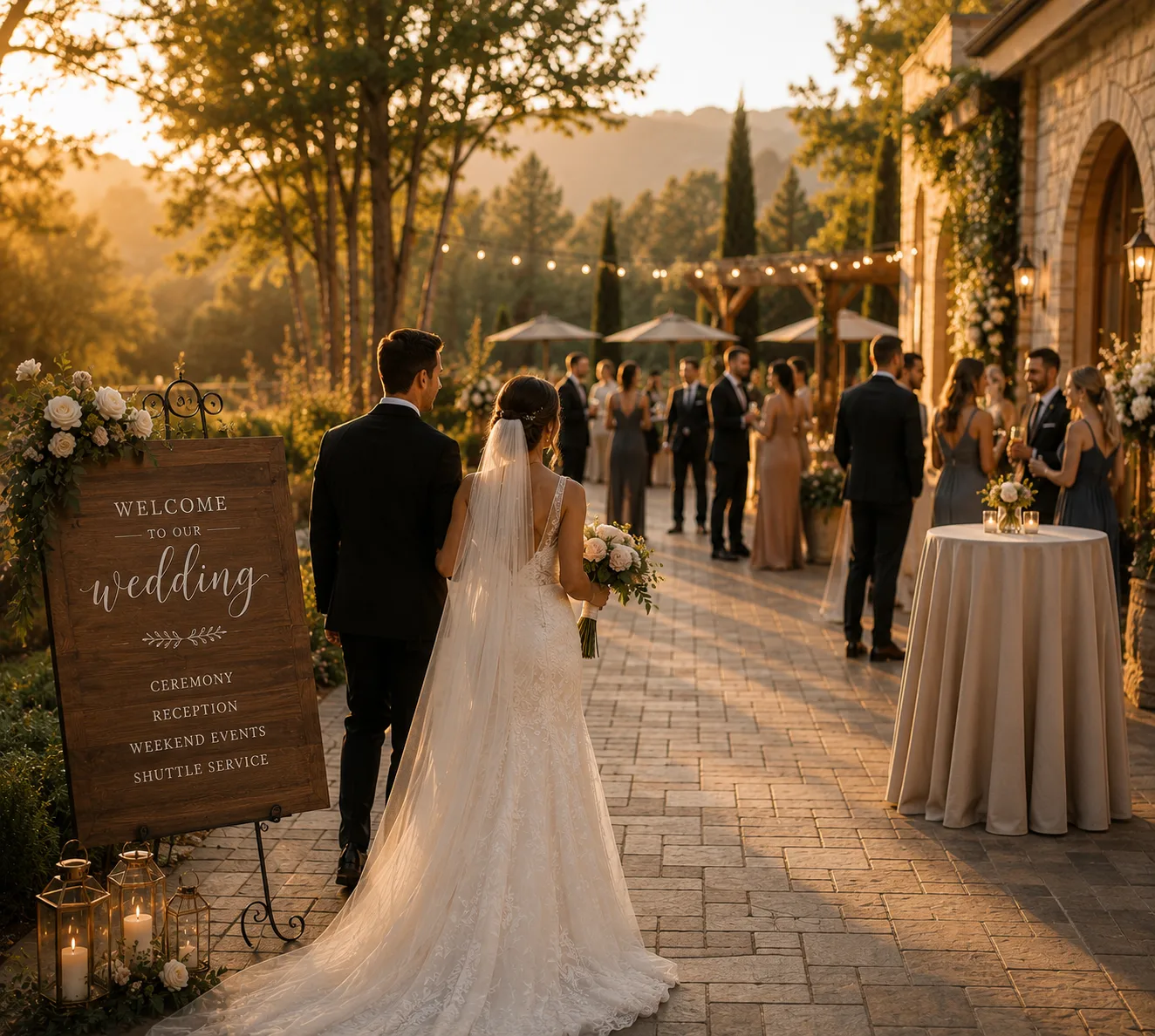 A bride walking to an outdoor reception past a welcome sign