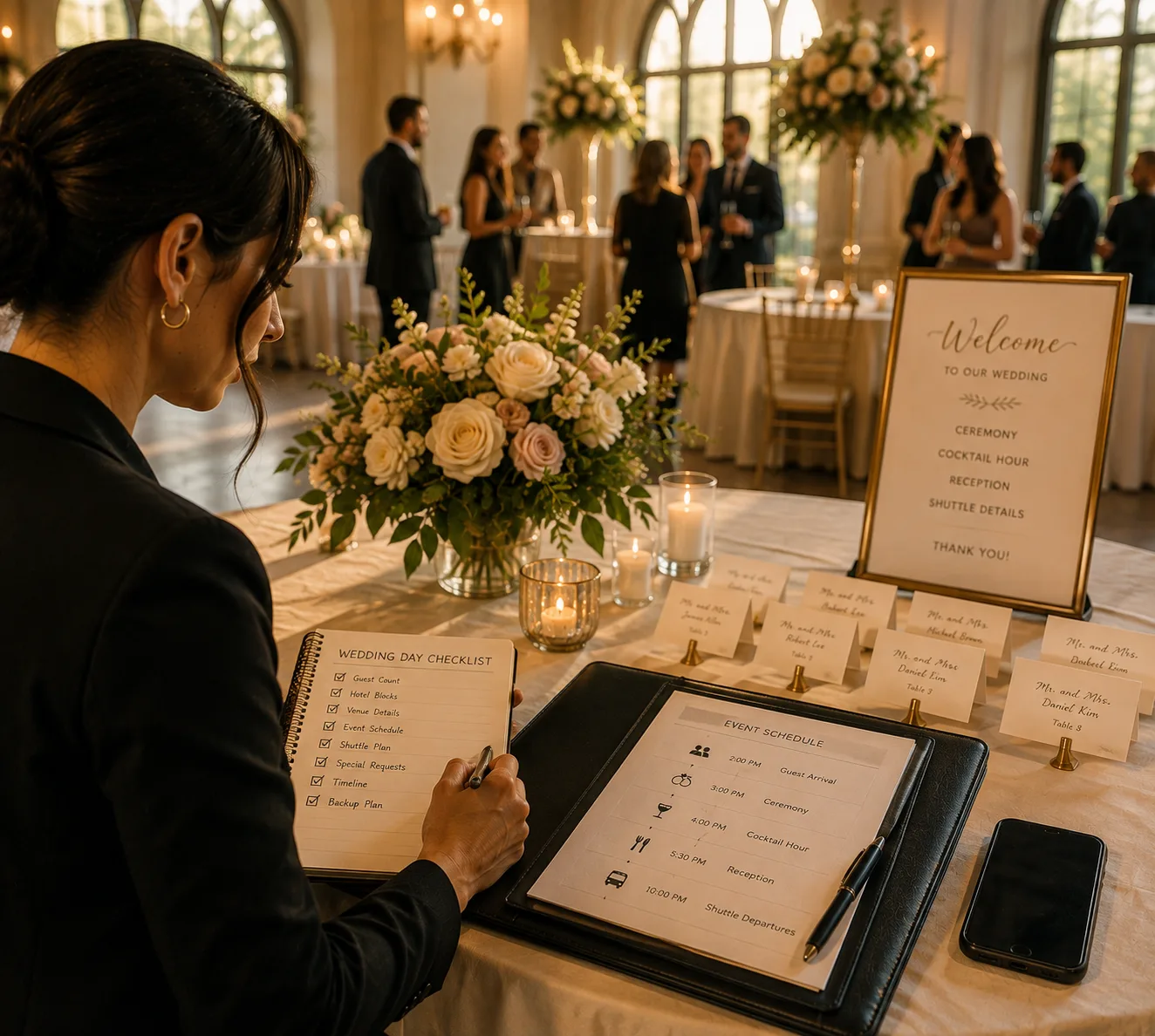 A guest reading a seating chart at a wedding reception